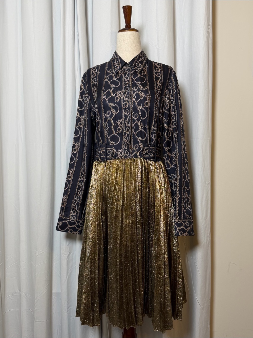 3.1 Phillip Lim Silk Chain Print Gold Pleated Dress 6 Navy Blue Silk